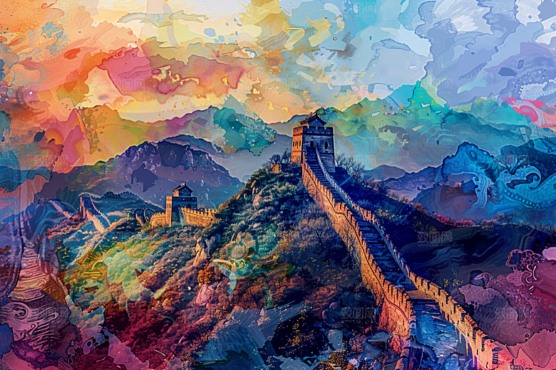 水墨长城传统高清艺术插画