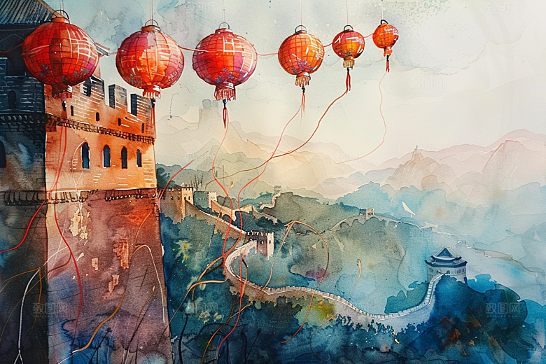 水墨长城八达岭中国风艺术插画