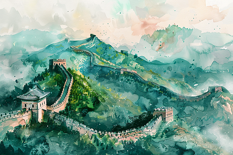 水墨长城壮阔水彩艺术插画