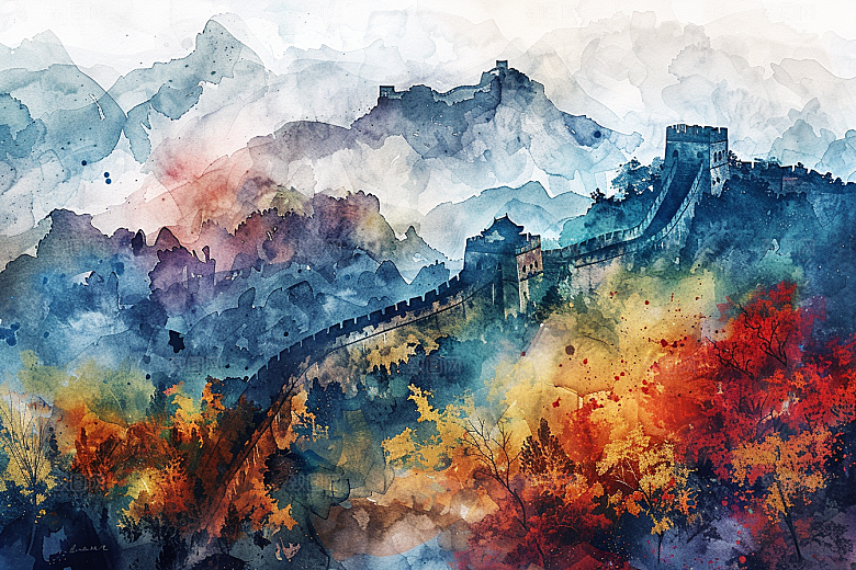 水墨长城壮阔风光艺术插画