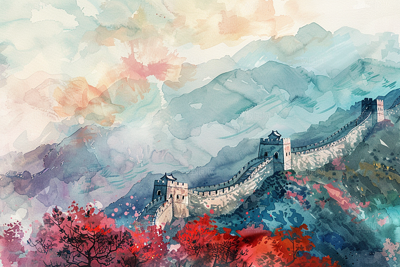 水墨长城景点传统艺术插画