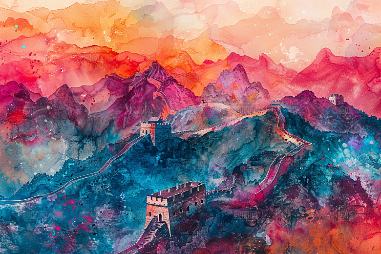 水墨长城壮阔景点艺术插画