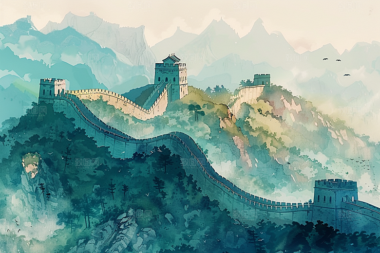 水墨长城高清水墨画艺术插画