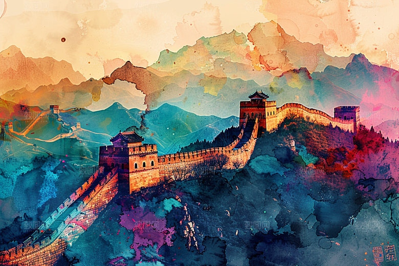水墨长城高清风光艺术插画