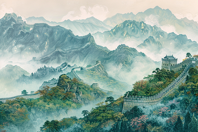 水墨长城八达岭景点艺术插画