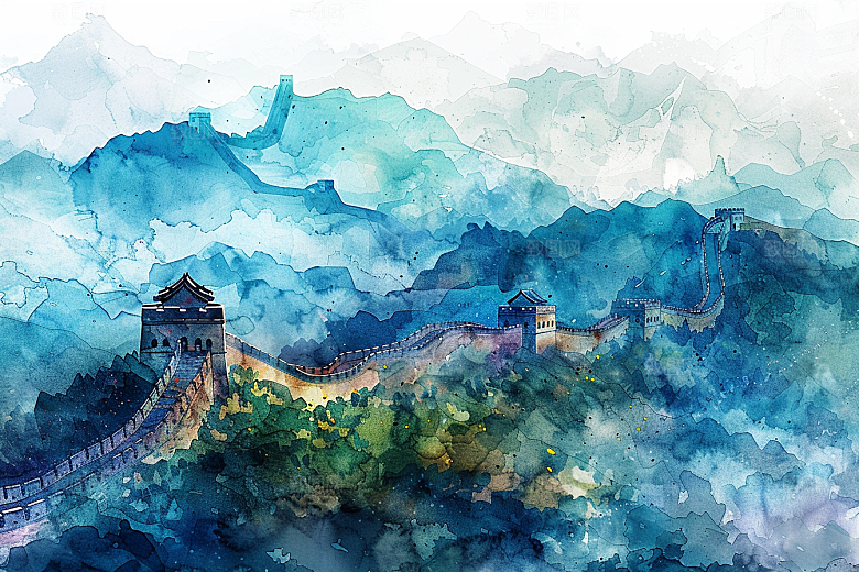 水墨长城中国风水彩艺术插画