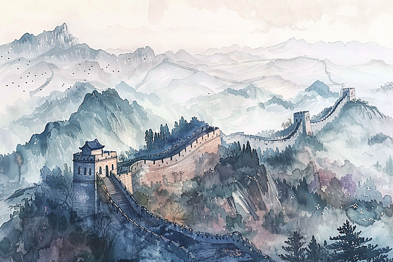 水墨长城高清传统艺术插画