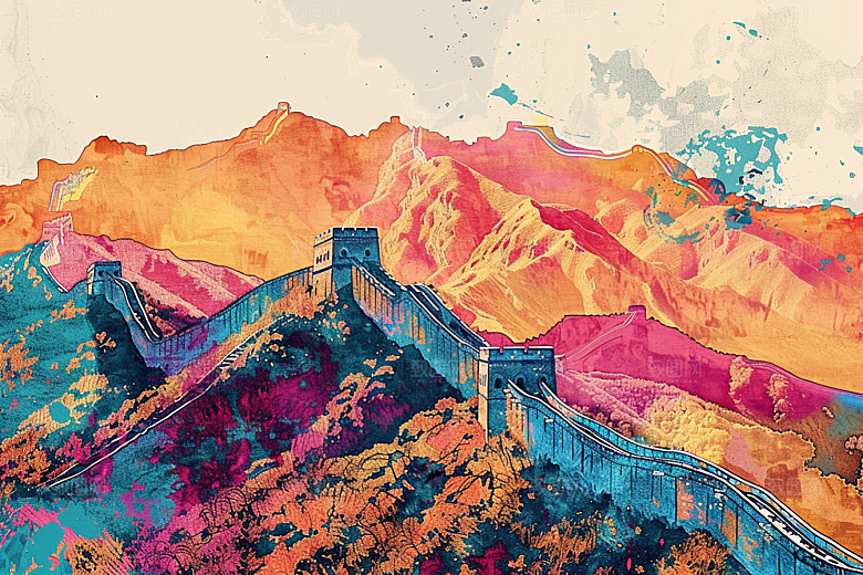 水墨长城风景壮阔艺术插画