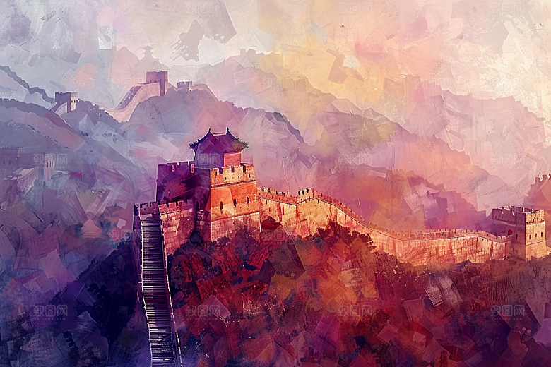水墨长城风光渐变艺术插画