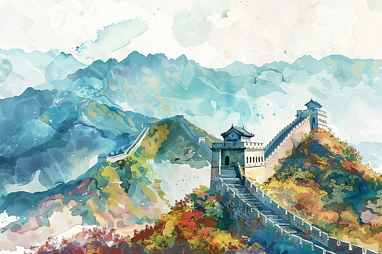 水墨长城壮阔风景艺术插画