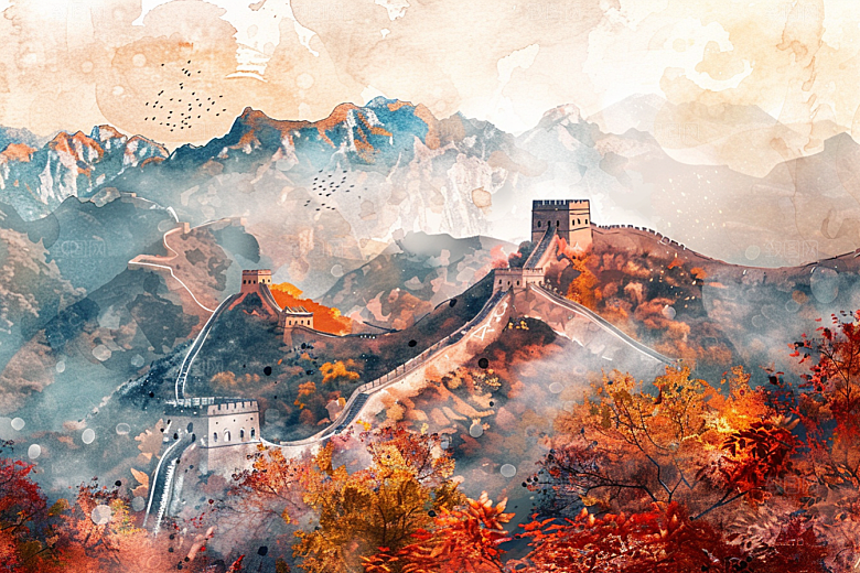 水墨长城壮阔水墨画艺术插画