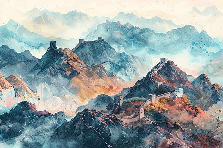 水墨长城中国风八达岭艺术插画