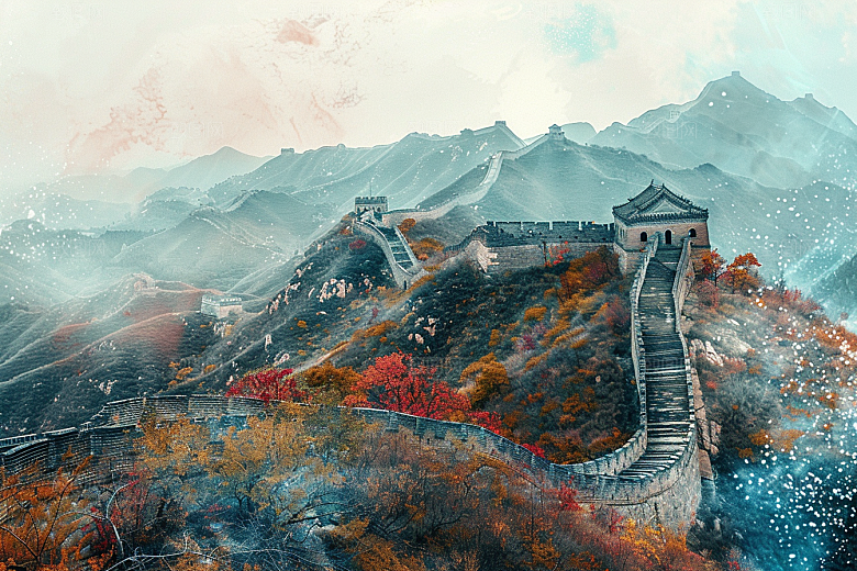 水墨长城景点水墨画艺术插画