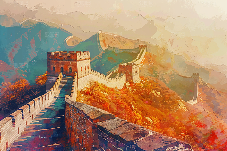 水墨长城渐变景点艺术插画