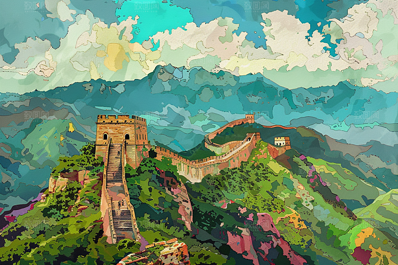 水墨长城中式水彩艺术插画