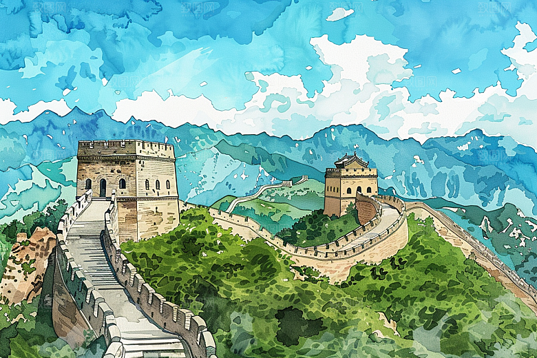 水墨长城传统中式艺术插画