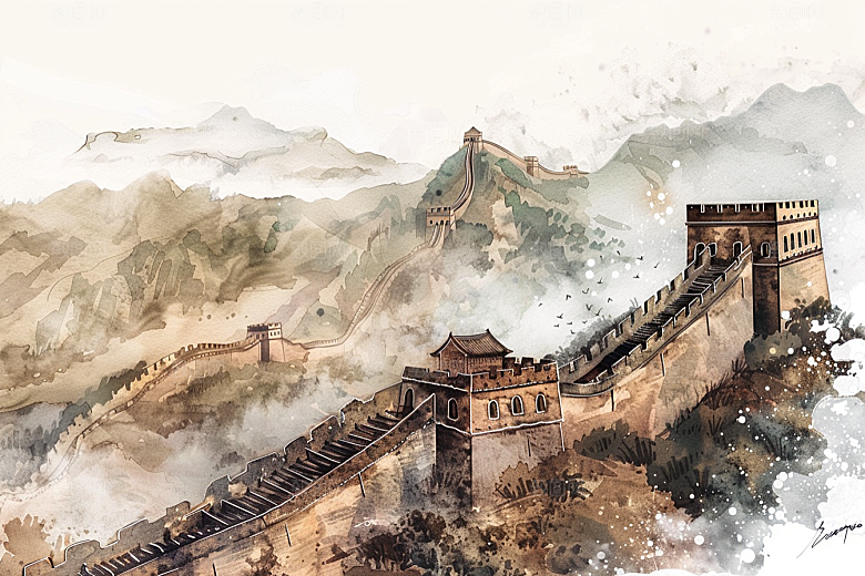 水墨长城晕染水墨画艺术插画