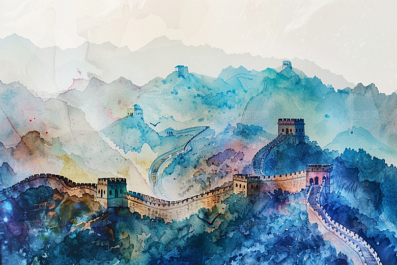 水墨长城中式水彩艺术插画