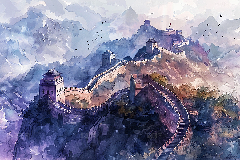 水墨长城风景景点艺术插画
