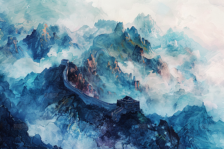 水墨长城中式景点艺术插画