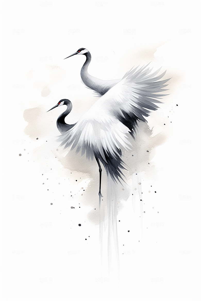 水墨丹顶鹤高清新中式插画