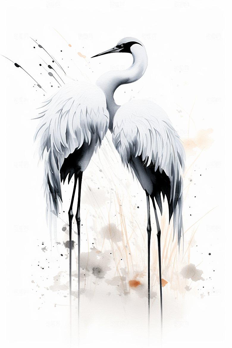 水墨丹顶鹤高清山水插画