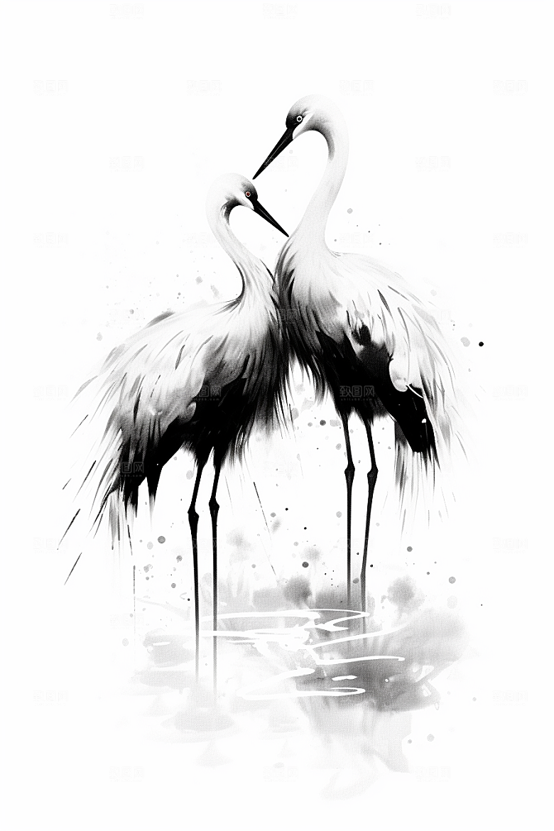 水墨丹顶鹤唯美新中式插画
