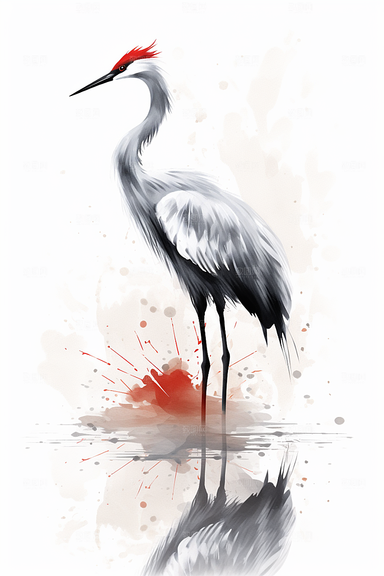 水墨丹顶鹤唯美山水插画