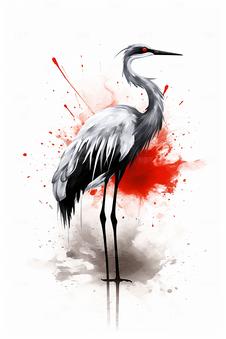 水墨丹顶鹤高清传统纹样插画