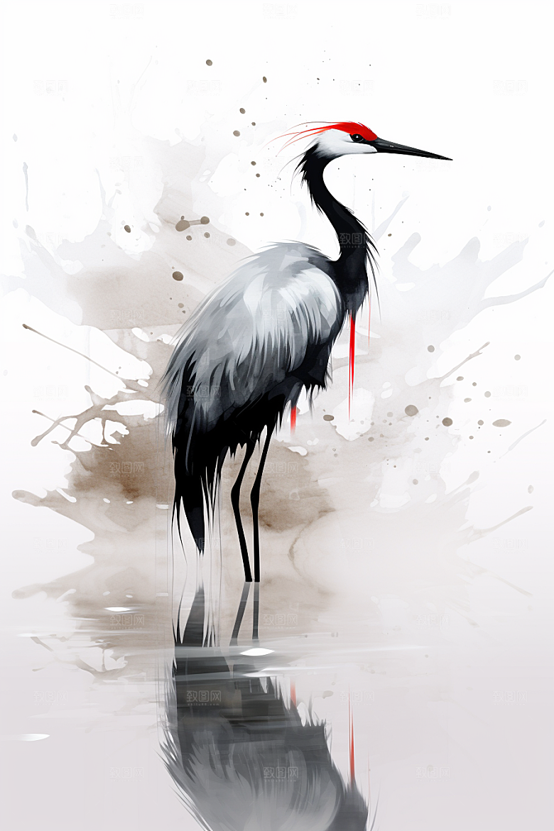 水墨丹顶鹤中国风新中式插画