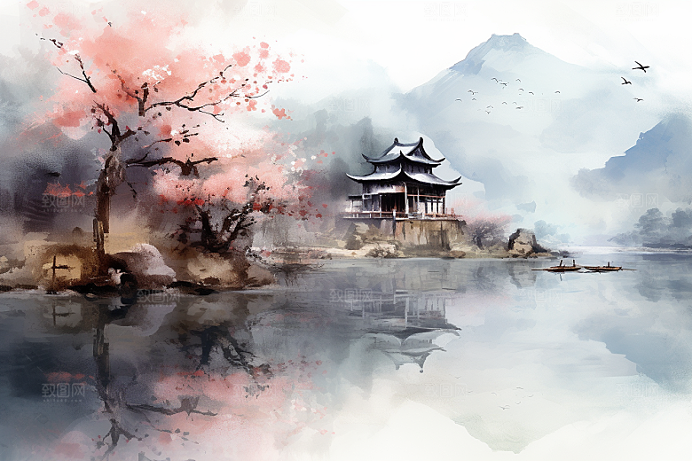 水墨风徽派建筑唯美小镇插画