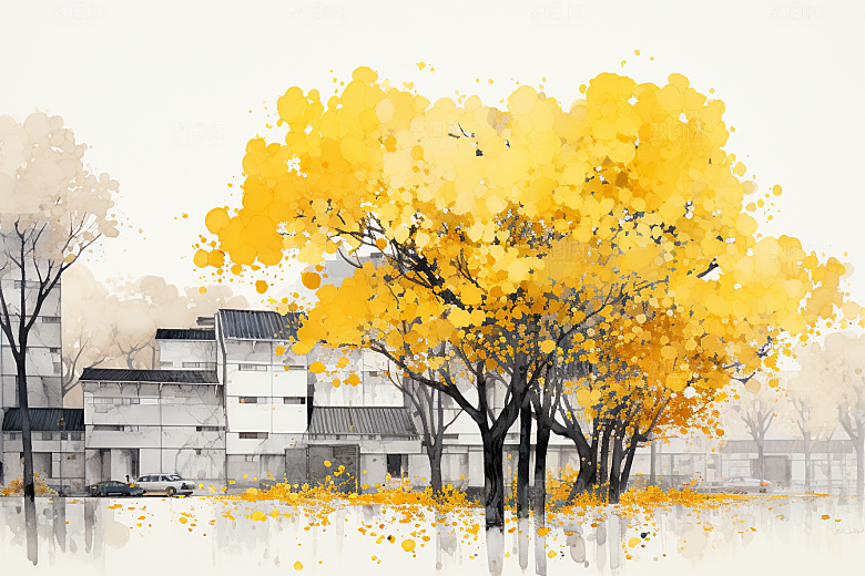 水墨风徽派建筑江南白墙黛瓦插画