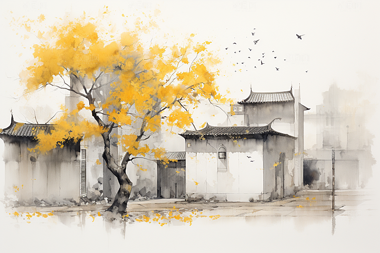 水墨风徽派建筑山水国画插画