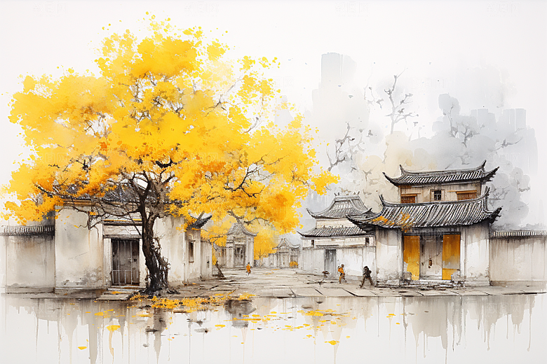 水墨风徽派建筑小镇白墙黛瓦插画