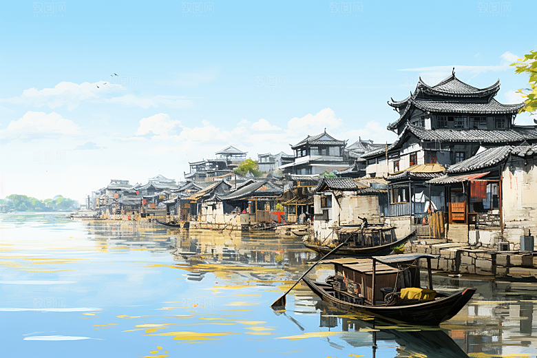 水墨风徽派建筑白墙黛瓦江南插画