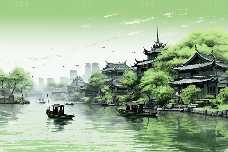 水墨风徽派建筑白墙黛瓦中国风插画