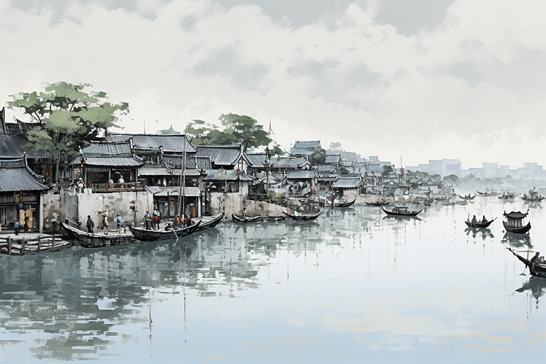 水墨风徽派建筑小镇唯美插画