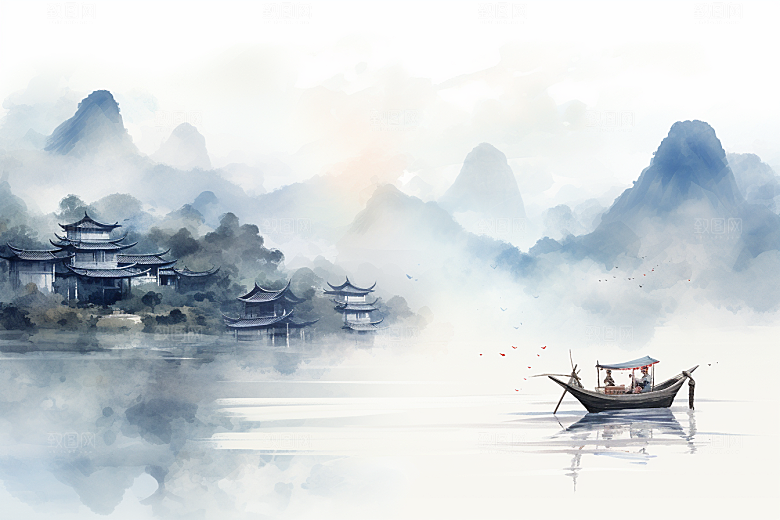 水墨风徽派建筑国画白墙黛瓦插画