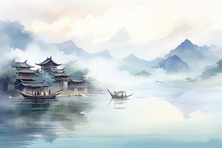 水墨风徽派建筑水乡国画插画