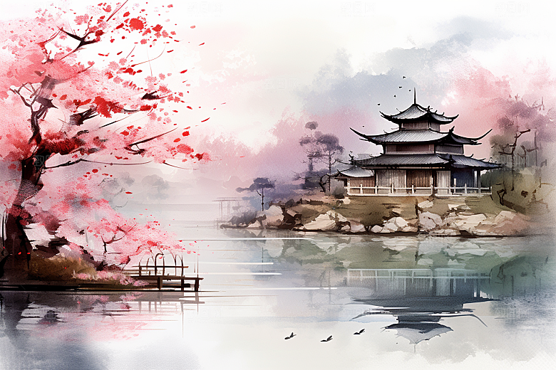 水墨风徽派建筑唯美山水插画