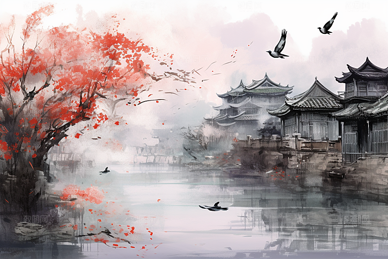 水墨风徽派建筑水乡江南插画