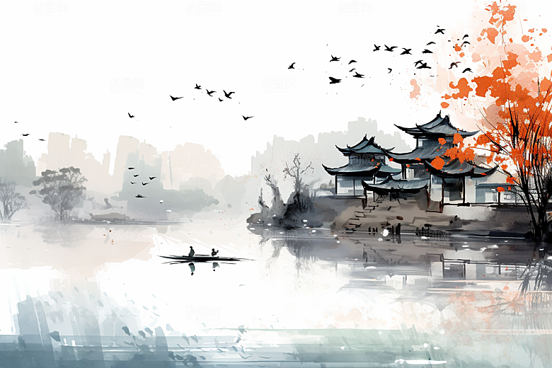 水墨风徽派建筑唯美小镇插画
