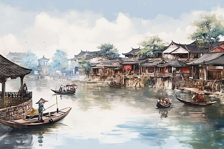 水墨风徽派建筑白墙黛瓦国画插画