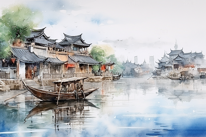 水墨风徽派建筑白墙黛瓦国画插画