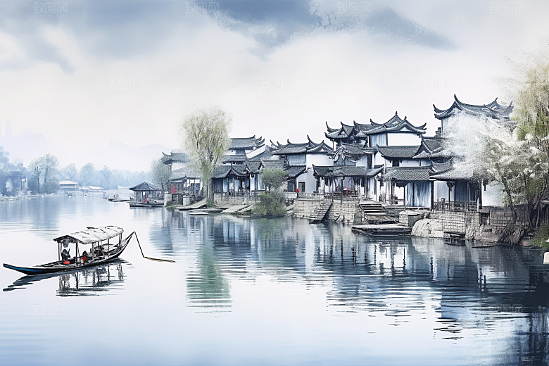 水墨风徽派建筑高清白墙黛瓦插画