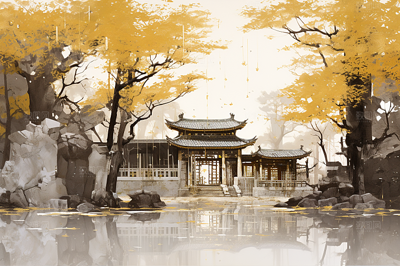 水墨风徽派建筑中国风白墙黛瓦插画