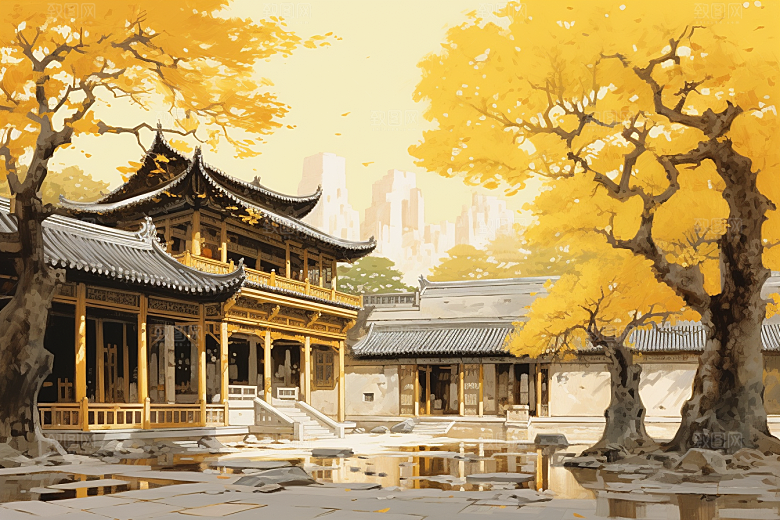 水墨风徽派建筑高清唯美插画