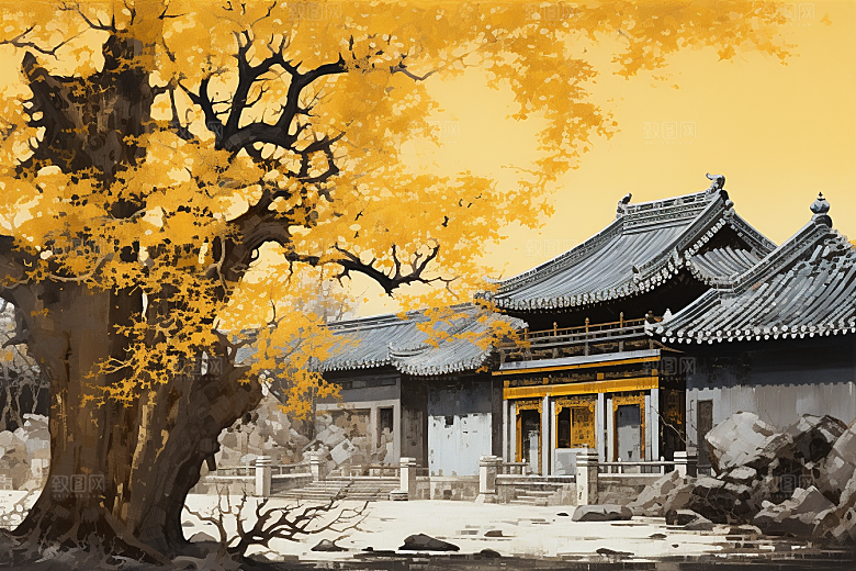 水墨风徽派建筑山水高清插画