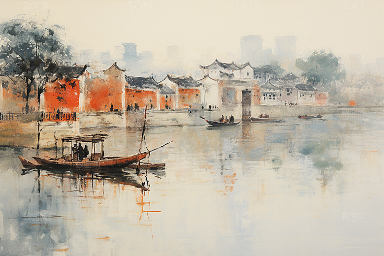水墨风徽派建筑白墙黛瓦江南插画