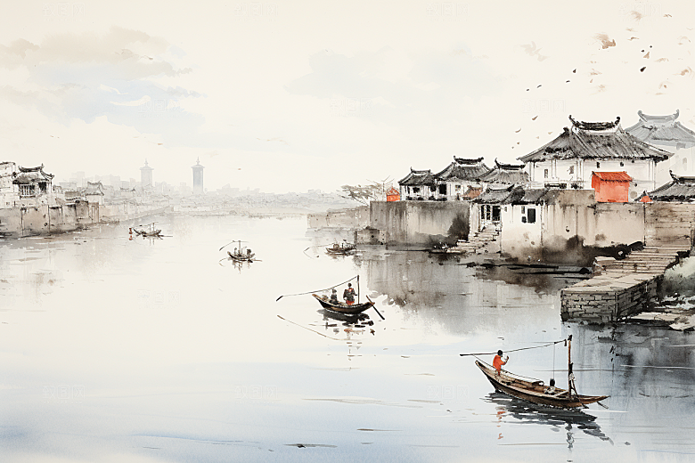 水墨风徽派建筑中国风白墙黛瓦插画